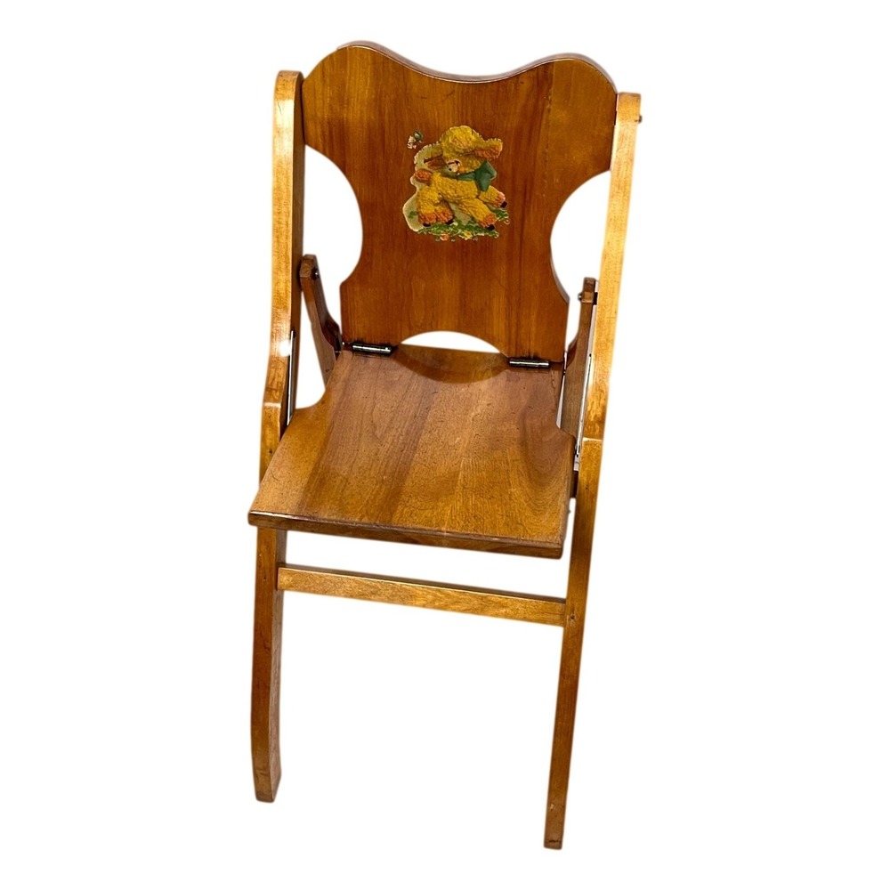 Vintage 1960s Childs Chair Wood Foldable Hinged Lamb Doll Furniture Nursery